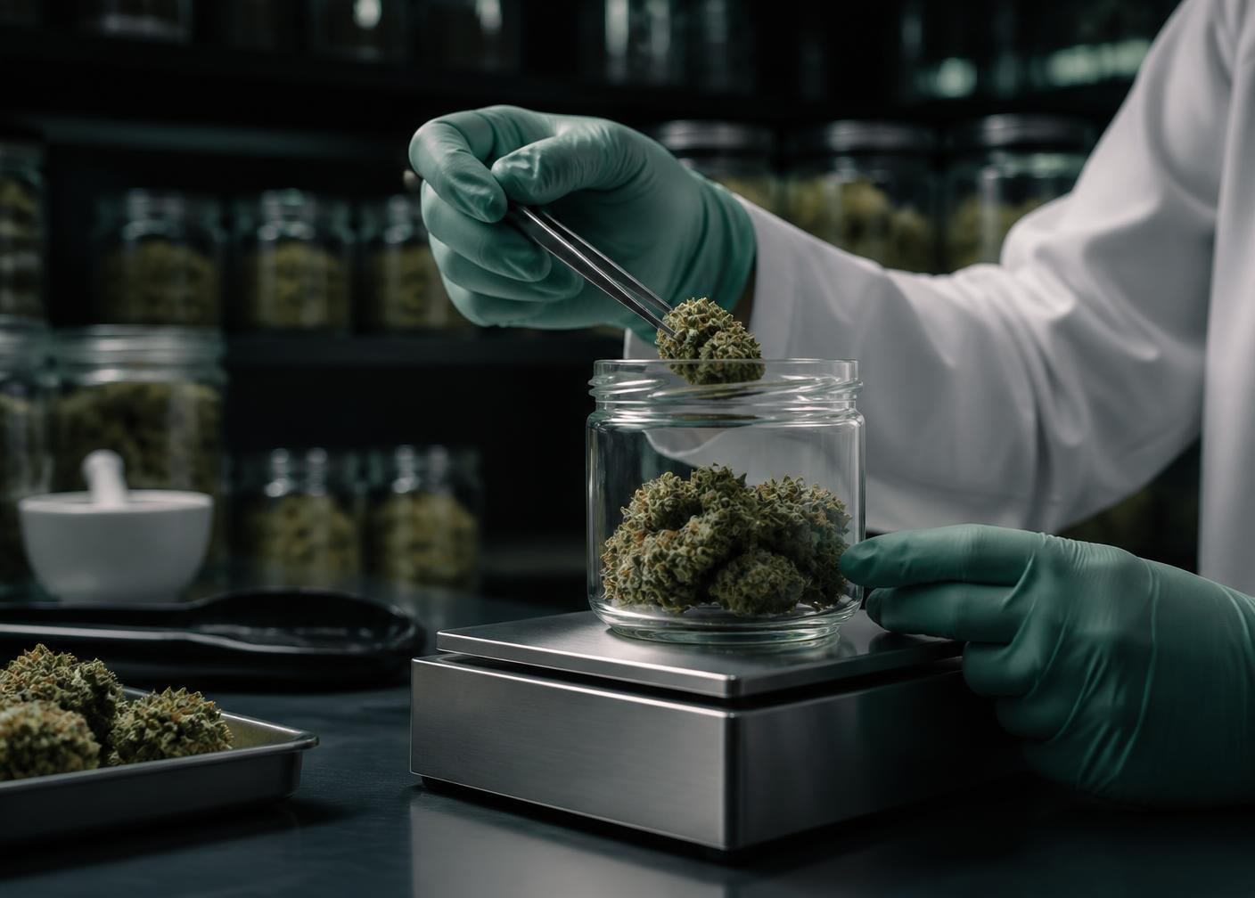 Abwiegen von medizinischen Cannabisblüten im Labor