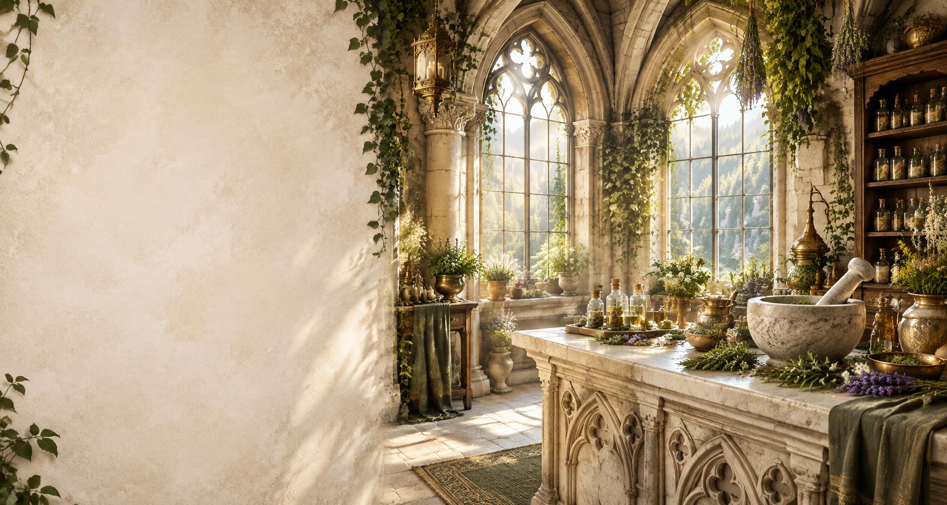 Botanische Apotheke mit Steinbögen