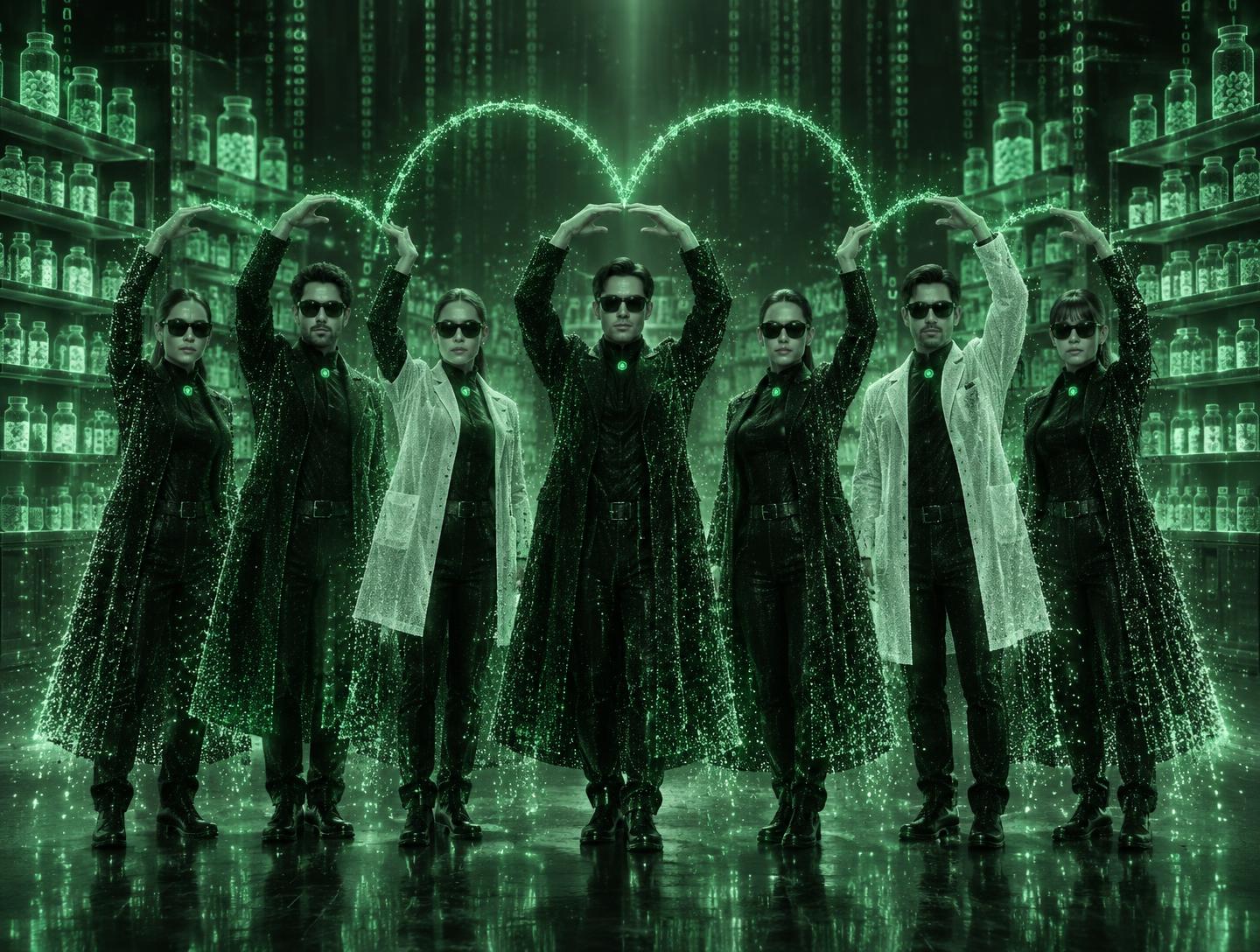 Das Team der Spitzweg Apotheke, als Illustration im Matrix-Stil