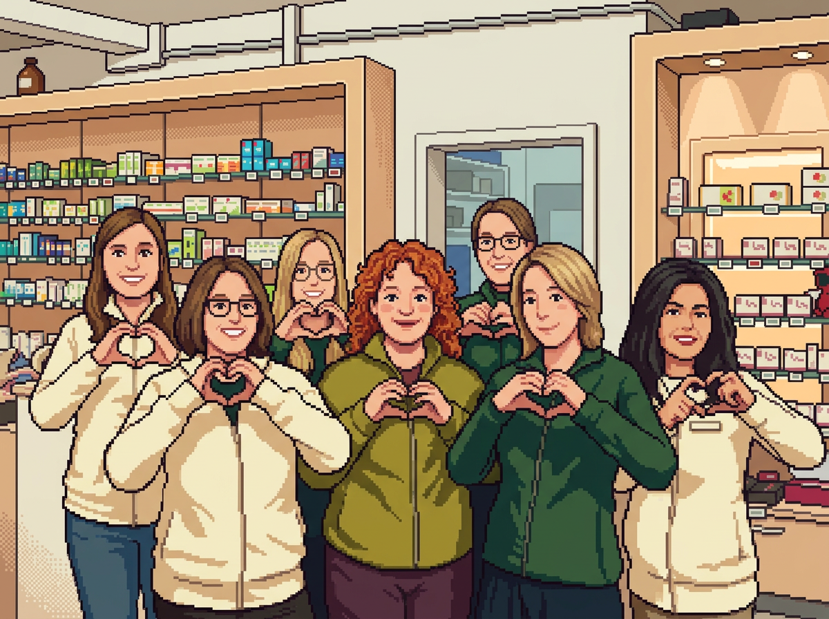 Das Team der Spitzweg Apotheke, als Pixel-Cartoon