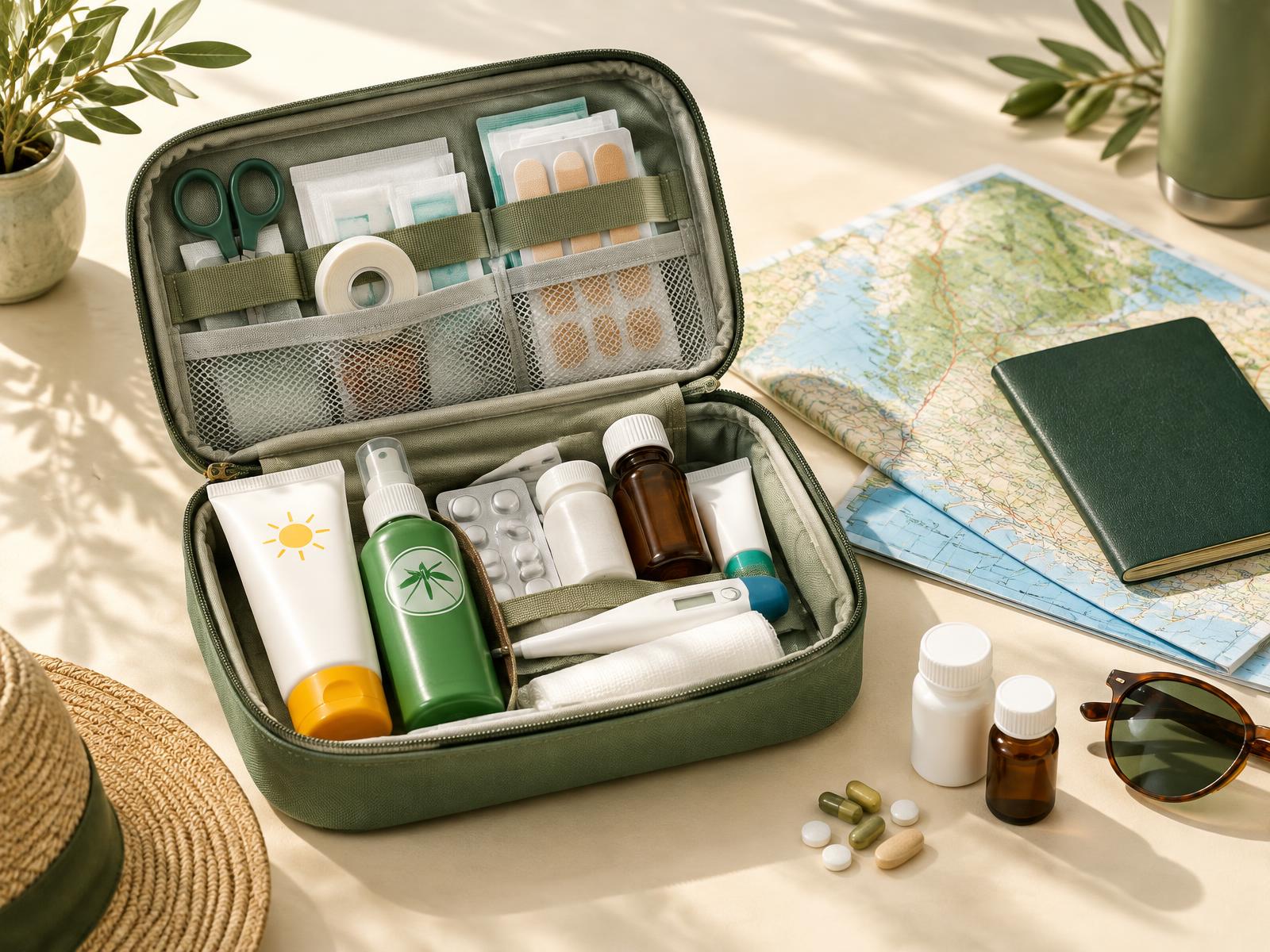 Gut ausgestattete Reiseapotheke neben Karte und Reisepass